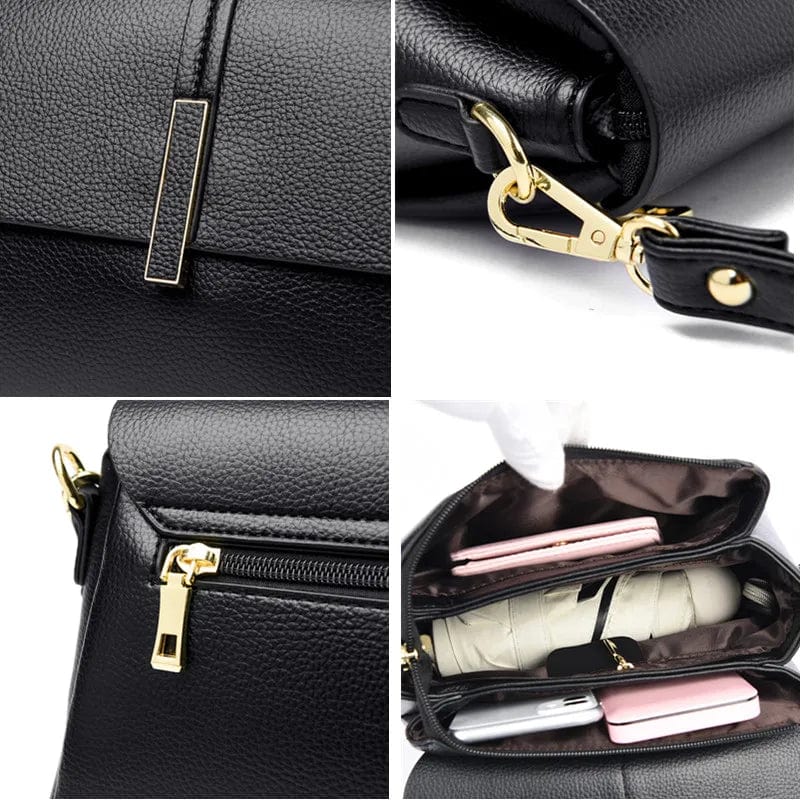 Intérieur spacieux du sac besace femme noir en cuir PU, bien organisé. Sac à main pratique et mode.