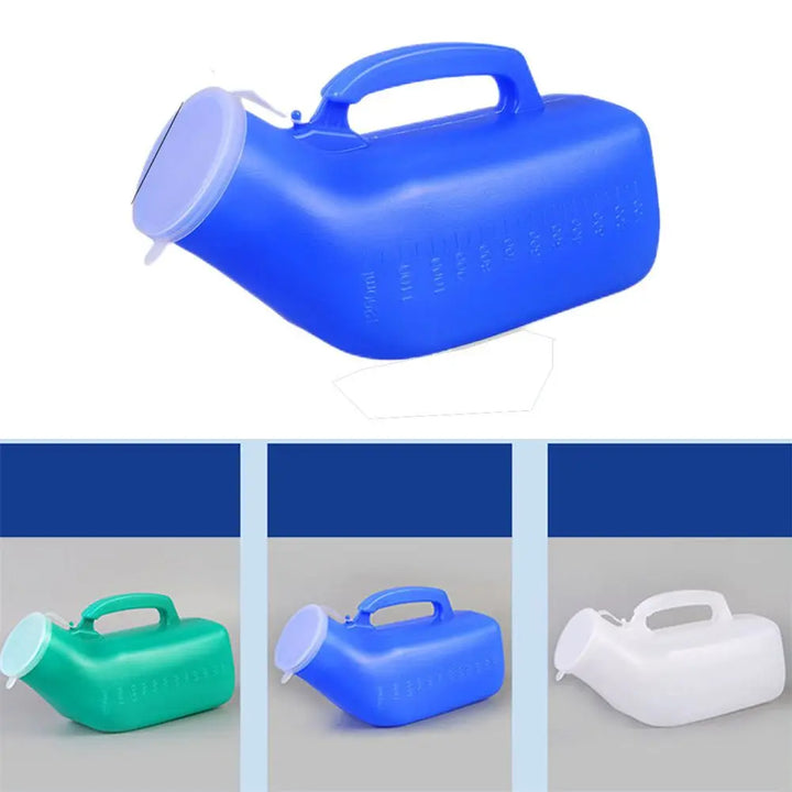 Urinoir mobile 1200ml en plastique, idéal pour voyage, camping et extérieur. Hygiène et confort garantis.