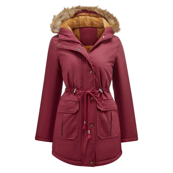 Chaleureuse parka longue femme, idéale hiver, imperméable et coupe-vent, col élégant en fourrure.