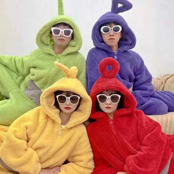 Pyjama Teletubbies Dipsy vert, déguisement kigurumi confortable unisexe pour enfant et adulte, idéal pour soirée.