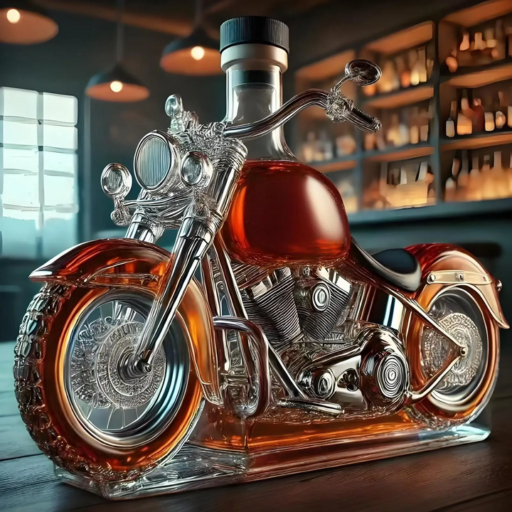 Carafe à whisky design moto unique, idéale pour bar, décoration de maison et amateurs de spiritueux.