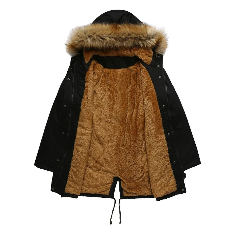 Élégante parka longue femme, imperméable et chaude, avec un grand col en fourrure pour l'hiver.