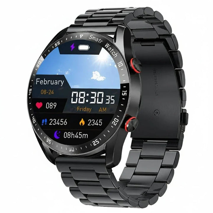 Montre connectée homme premium, appels mains libres, ECG/PPG, notifications et suivi sportif complet.