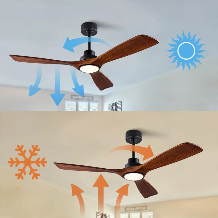 Ventilateur de plafond design en bois avec LED. Améliore la décoration et assure une ventilation et éclairage efficaces.