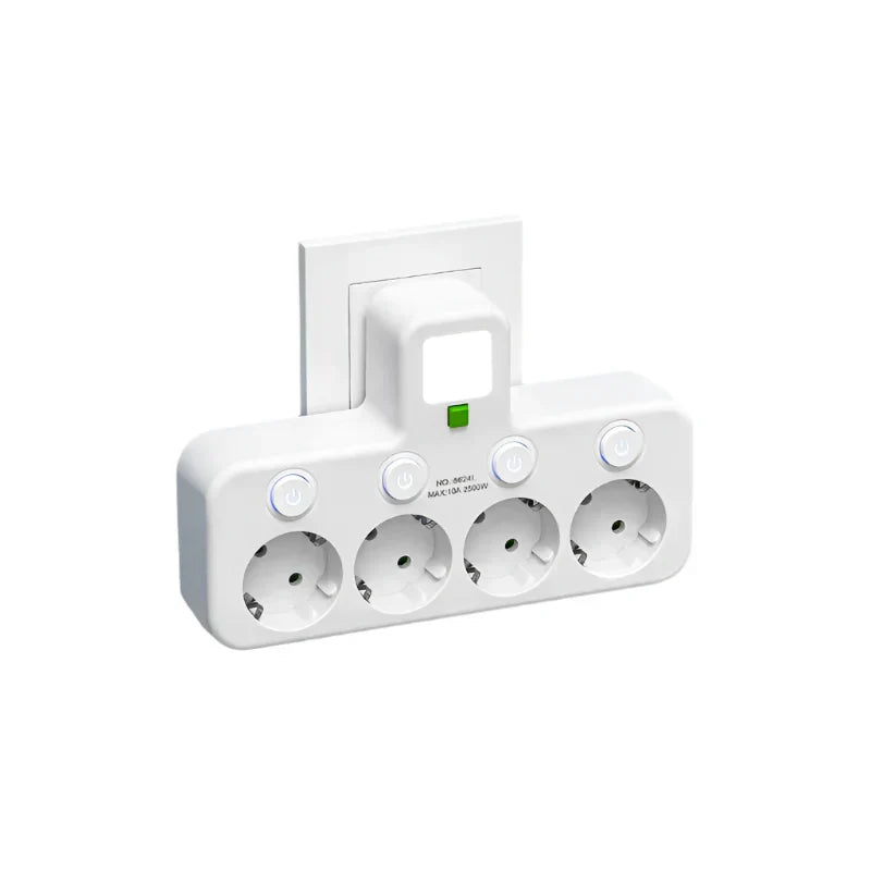 Gros plan sur les prises et ports USB-C d'une multiprise intelligente 2500W, essentielle pour la connectivité moderne.