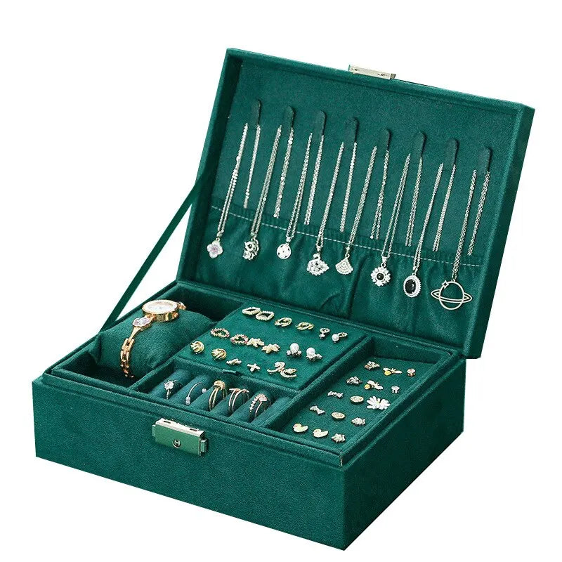 Boîte à bijoux élégante en velours rose avec serrure, organisateur sécurisé pour femme.