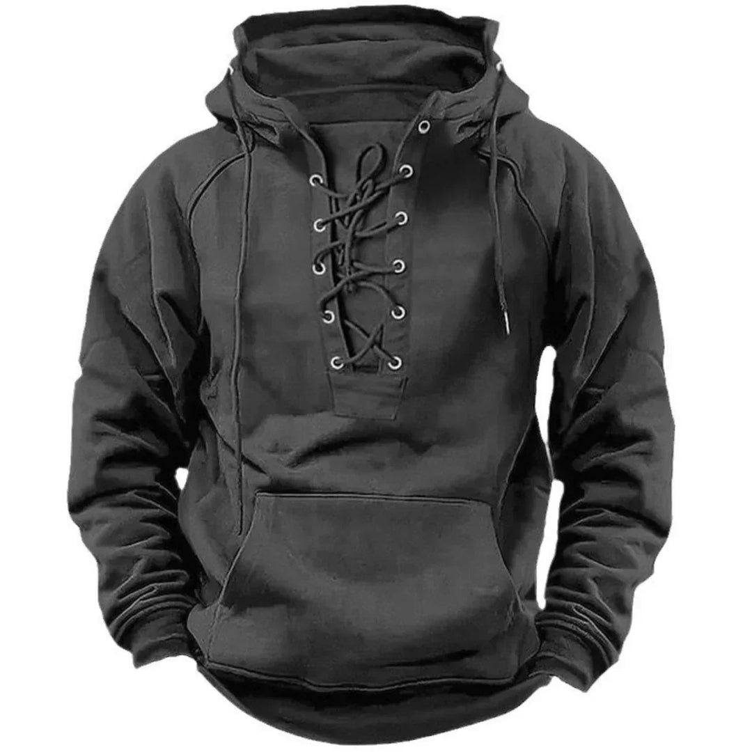 Vêtement homme d'extérieur : hoodie robuste à lacets. Idéal pour l'aventure en automne-hiver, allie chaleur et confort.