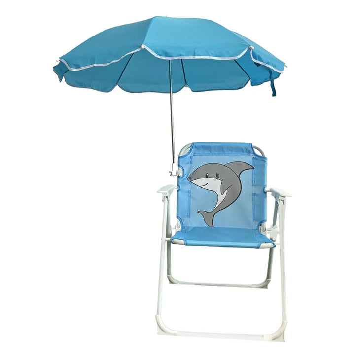 Siège enfant pliable jaune pour la plage, avec auvent anti-UV, idéal pour le camping et le jardin.