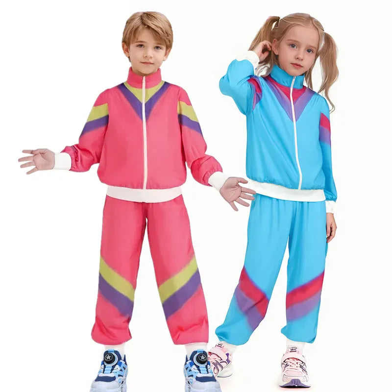 Déguisement enfant rétro hip-hop années 80 rose et bleu, parfait pour fête costumée ou danse.