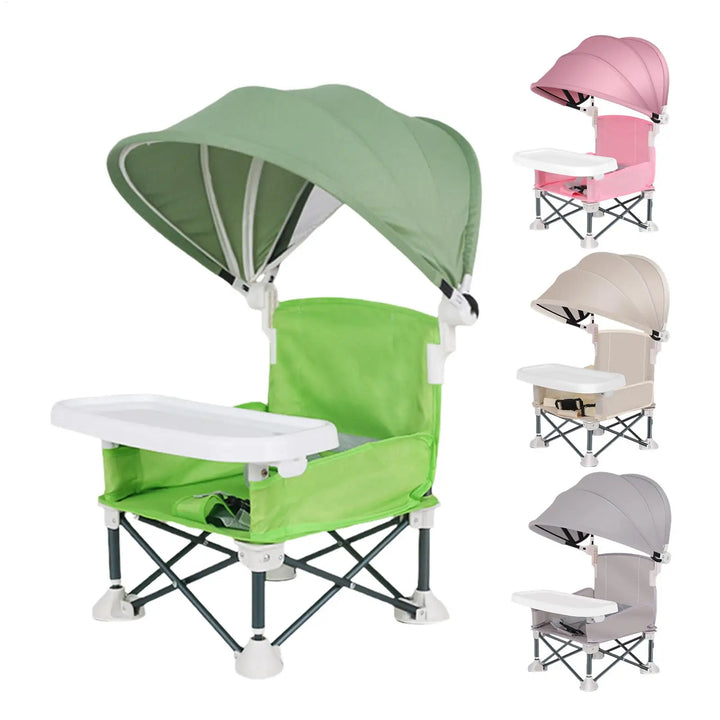 Chaise haute bébé pliable et portable grise, avec plateau amovible, idéale repas et voyage en été.