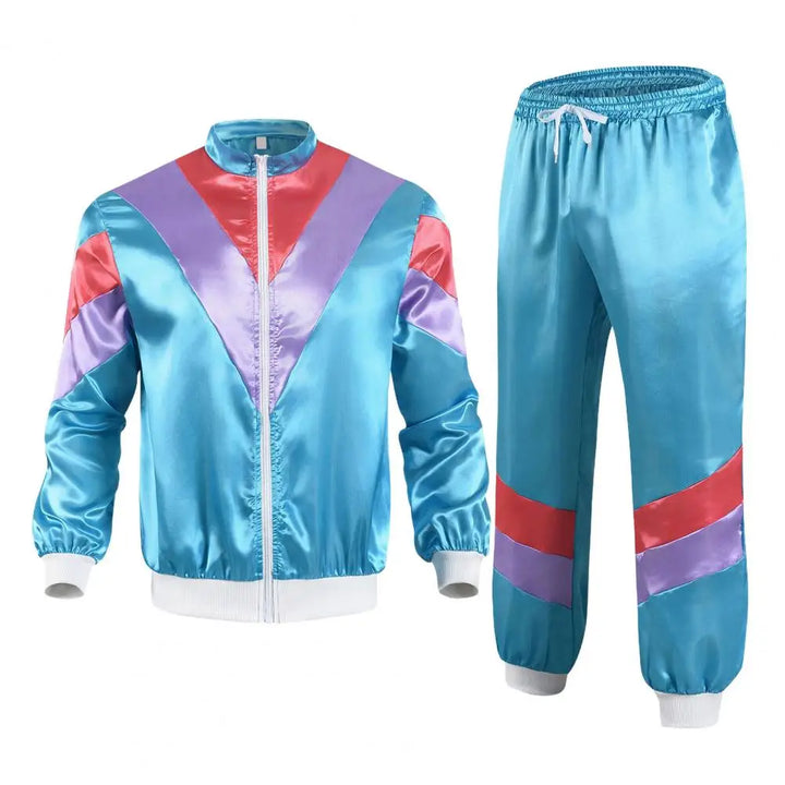 Déguisement rétro unisexe, survêtement années 80 zippé stylé en polyester pour fête costumée.