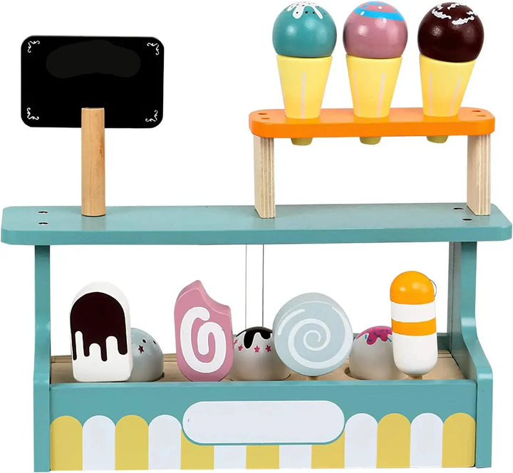 Chariot à glaces en bois robuste, un jouet durable et éducatif pour des heures de jeu créatif.