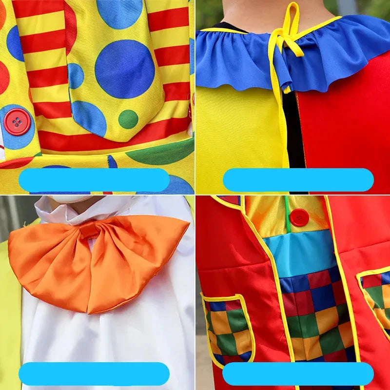 Costume de carnaval clown adulte, couleurs vives, pour spectacle animé.