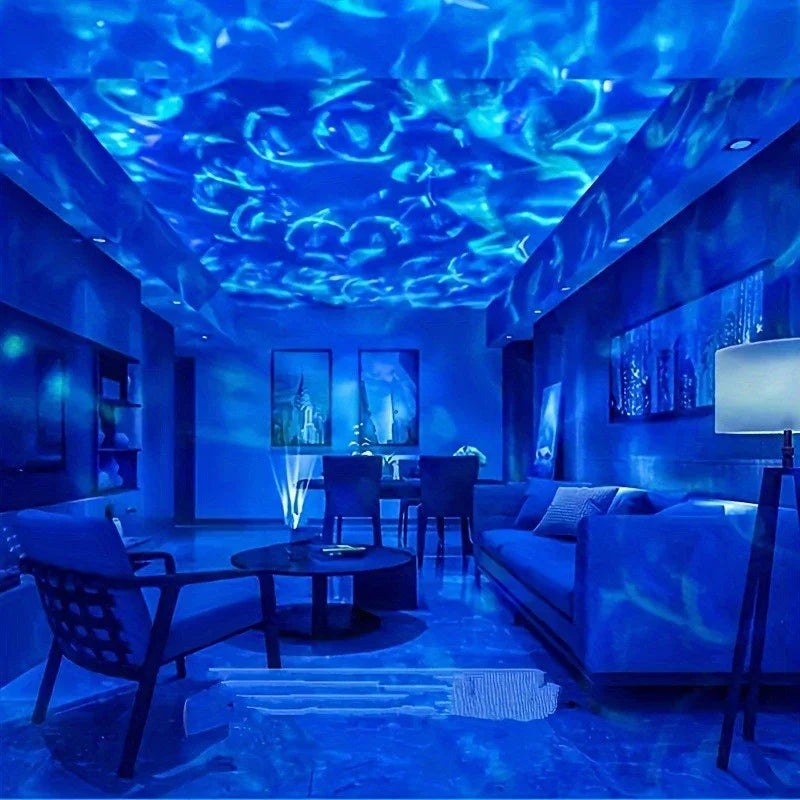 Projecteur d'ambiance murale simulant une aurore boréale réaliste, parfait pour chambre ou salon.