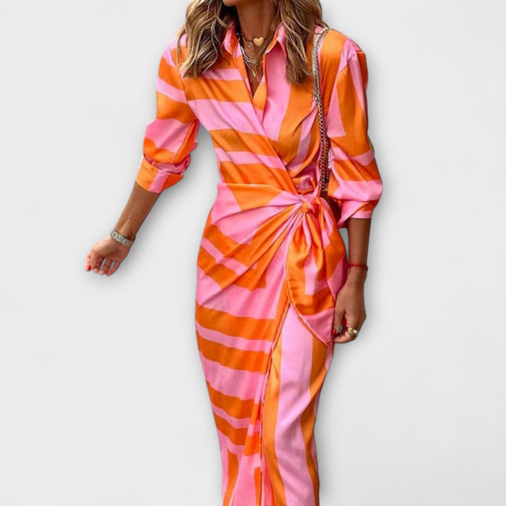 Robe chemise midi rayée femme, élégante et confortable. Idéale pour un style estival décontracté chic.