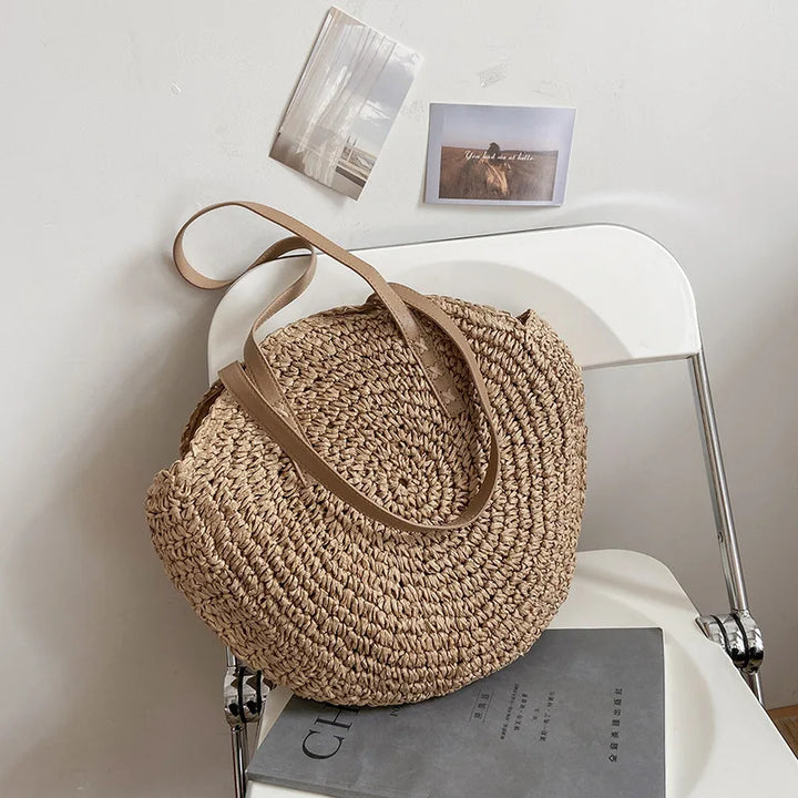 Sac de plage en paille pour femme, élégant et spacieux, avec anse robuste, style bohème.