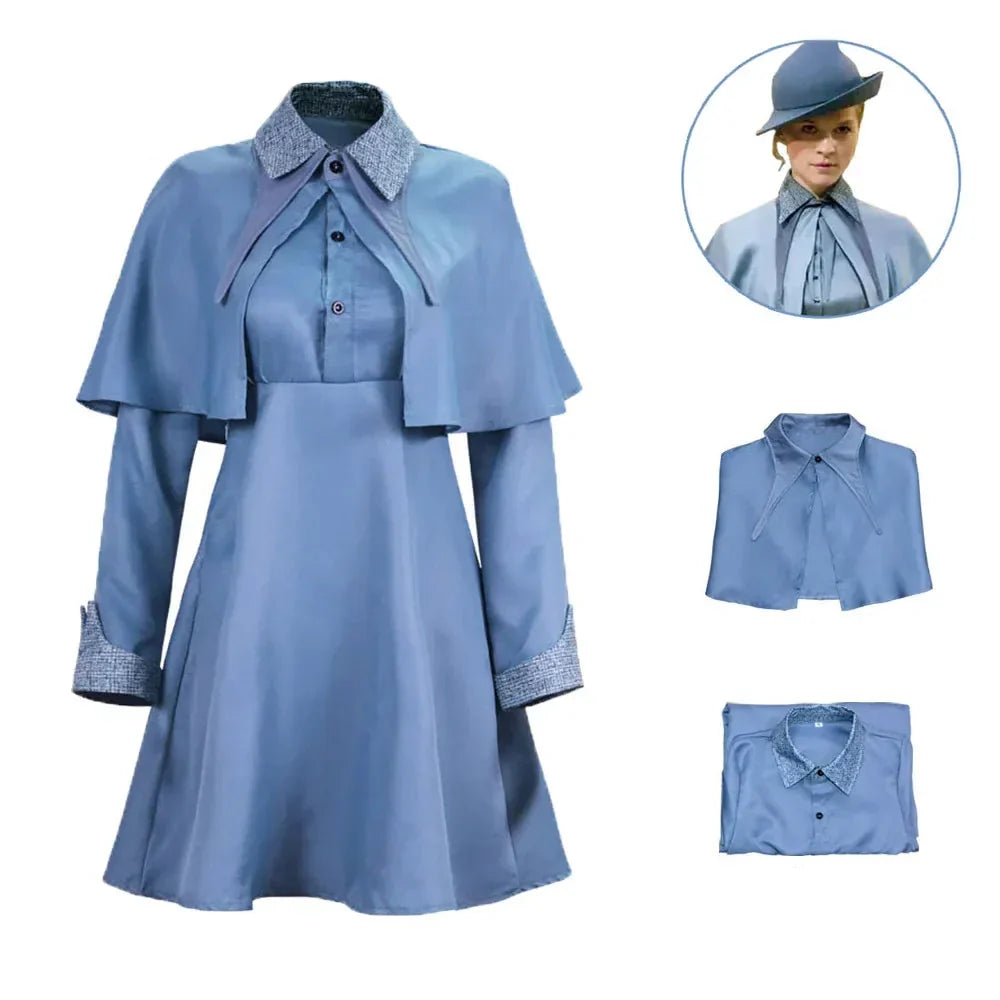 Costume de sorcière bleu élégant pour femmes, parfait pour Halloween ou cosplay, avec des détails magiques.