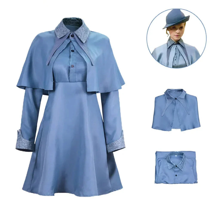 Costume de sorcière bleu élégant pour femmes, parfait pour Halloween ou cosplay, avec des détails magiques.