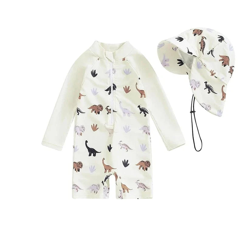 Détail du motif tortue sur un maillot de bain anti-éruption à manches longues pour garçons, protection solaire enfant.