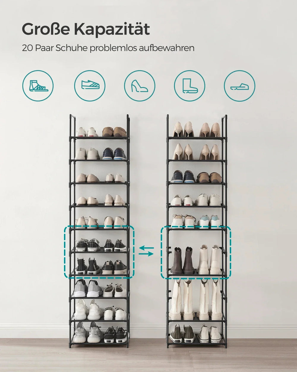 Organisateur chaussures noir en métal/textile, étagère étroite moderne pour un rangement élégant maison.