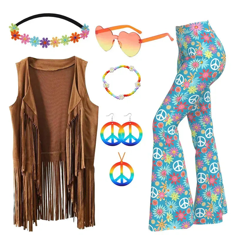Déguisement rétro hippie femme, robe à fleurs et franges, pour une immersion complète dans les années 70.