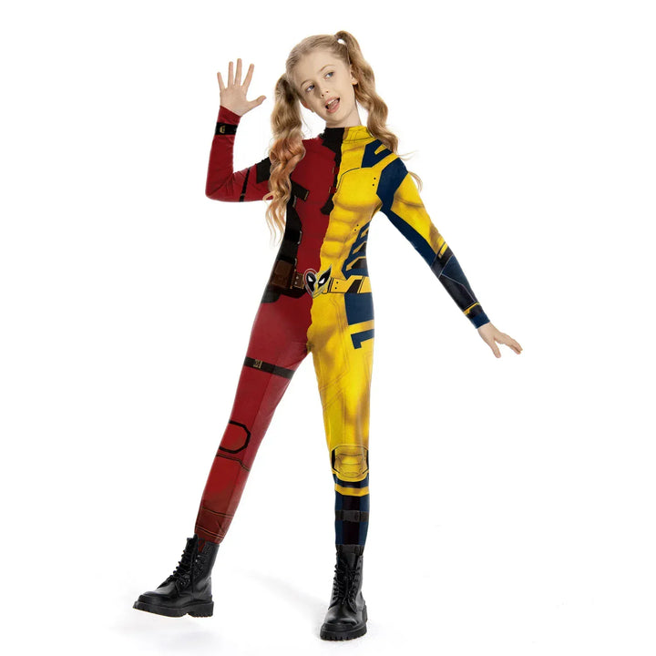 Déguisement enfant Wolverine, combinaison super-héros jaune et bleue, extensible. Parfait pour fêtes et cosplay garçon/fille.