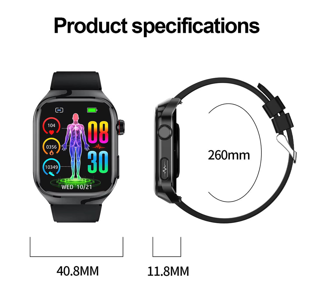 Montre intelligente avec écran couleur affichant ECG et niveau de sucre sanguin en temps réel.