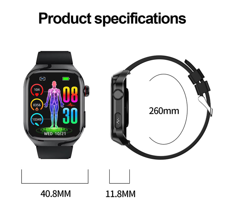 Montre intelligente avec écran couleur affichant ECG et niveau de sucre sanguin en temps réel.