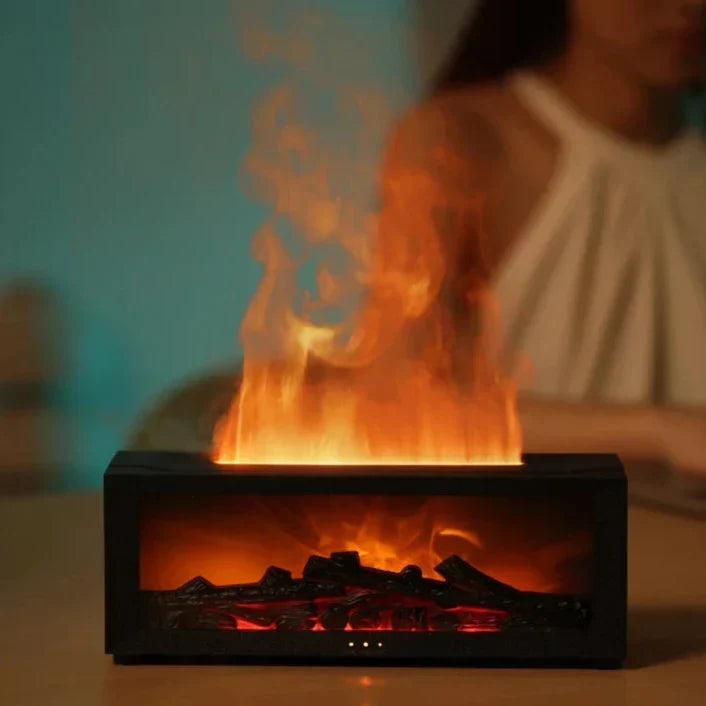 Détail de l'effet flamme LED de l'humidificateur HearthGlow, créant une ambiance de relaxation.