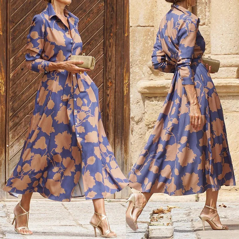 Robe femme élégante violette à manches longues, design floral, idéale comme tenue quotidienne ou occasion spéciale.