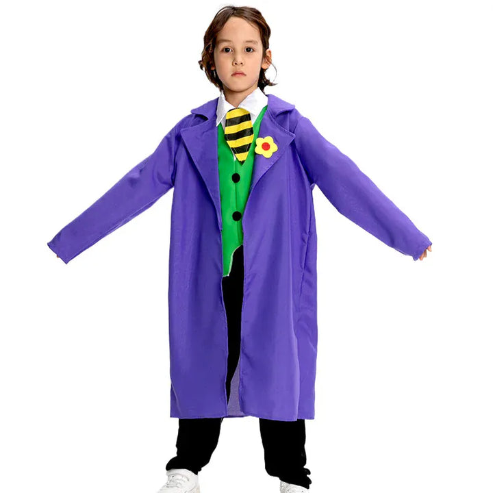Déguisement super-vilain Joker enfant, veste violette emblématique pour Halloween et carnaval.