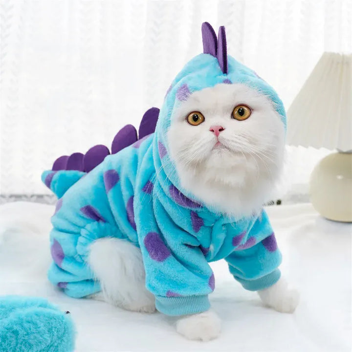 Costume drôle de dinosaure bleu en flanelle chaude pour chat, parfait pour les fêtes ou photos d'animaux.