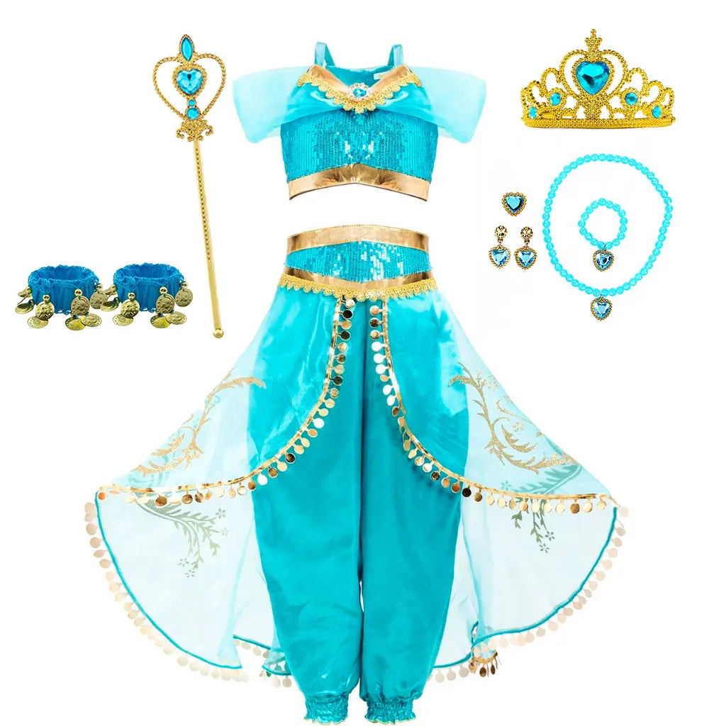 Déguisement complet Princesse Jasmine pour fille. Costume enfant oriental bleu turquoise, idéal fête, carnaval, Halloween.