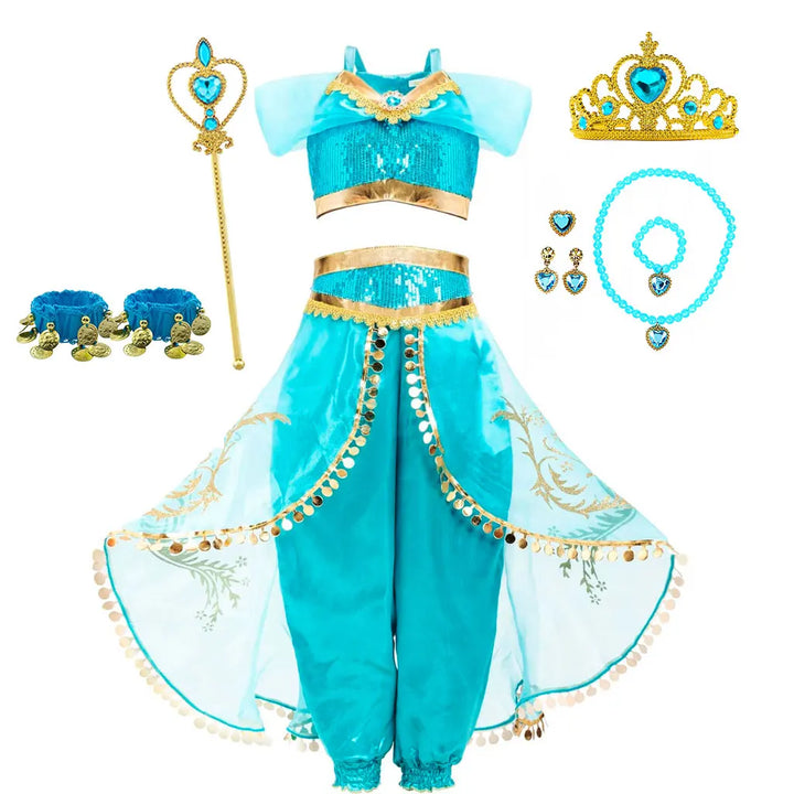 Déguisement complet Princesse Jasmine pour fille. Costume enfant oriental bleu turquoise, idéal fête, carnaval, Halloween.