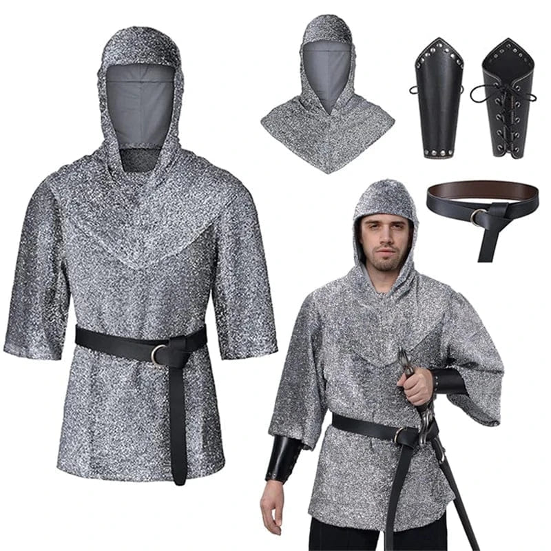 Costume homme chevalier templier médiéval avec tunique blanche à croix rouge et casque, pour événement historique.