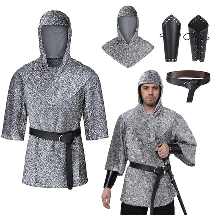 Costume homme chevalier templier médiéval avec tunique blanche à croix rouge et casque, pour événement historique.