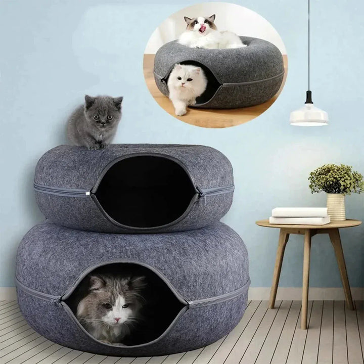 Tunnel chat gris en feutre, parfait comme jouet, lit confortable et cachette amusante pour votre chat.