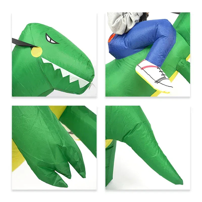 Enfant souriant dans son costume dinosaure gonflable, idéal pour un jeu ludique et joyeux.