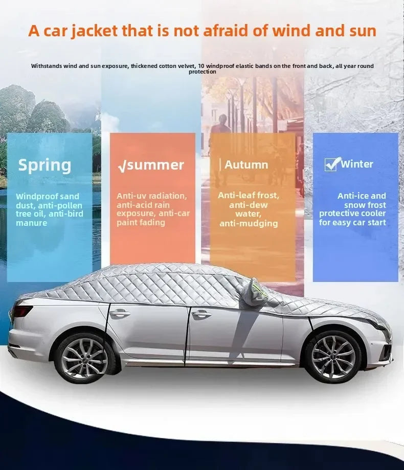Housse de voiture toutes saisons, facile à installer. Protège votre auto du gel, pluie, grêle et UV.