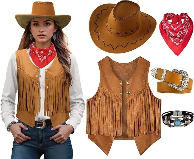 Déguisement de cowgirl chic pour femme, parfait pour une fête western. Tenue complète avec franges. Costume élégant.