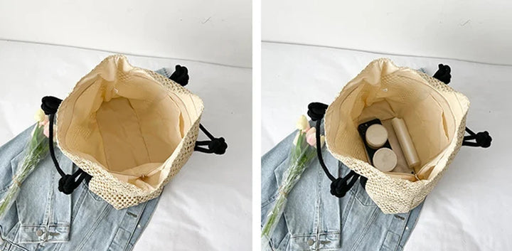 Sac en paille tressée pour femme, parfait comme sac de plage ou cabas élégant d'été.