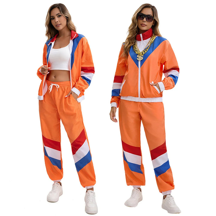 Déguisement femme années 90 orange 2 pièces, style hip hop rétro. Parfait pour festival ou soirée à thème vintage.