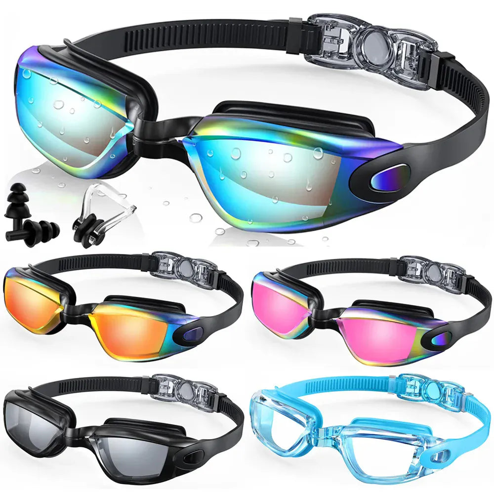 Lunettes de natation unisexes anti-buée avec protection UV, idéales pour piscine et sport aquatique.