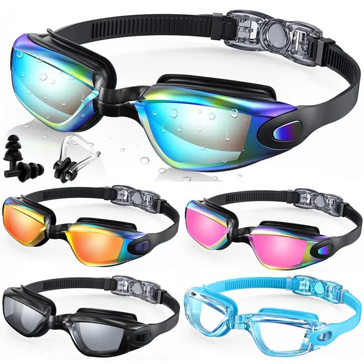 Lunettes de natation unisexes anti-buée avec protection UV, idéales pour piscine et sport aquatique.