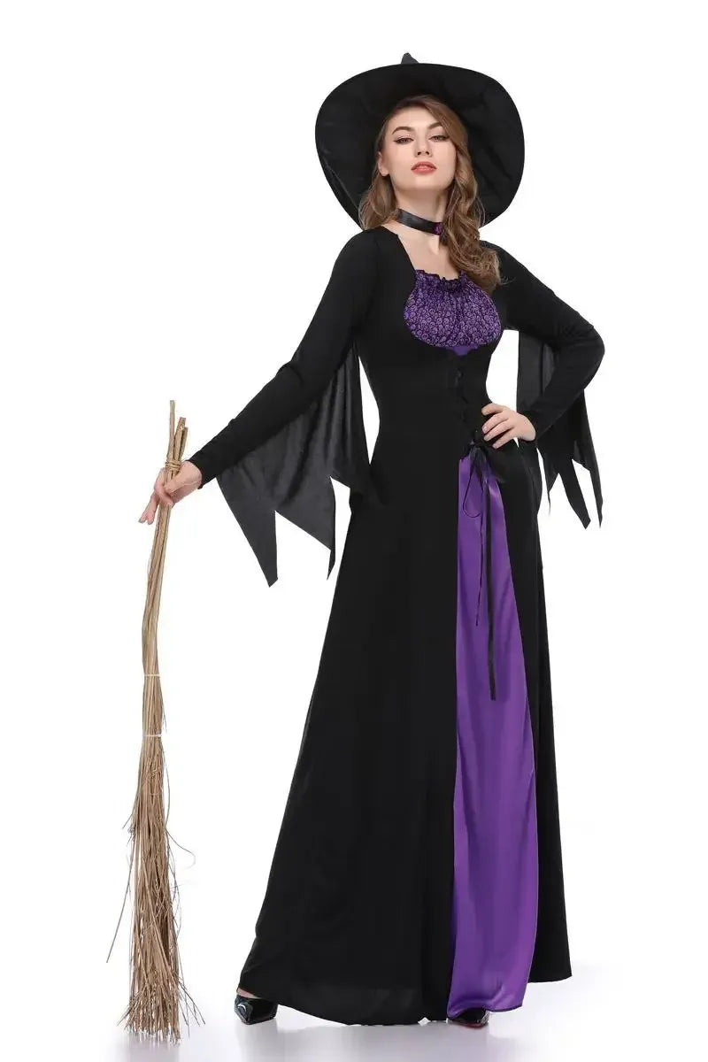 Costume sorcière femme élégant violet pour Halloween, parfait pour fêtes et soirées déguisées, avec un style mystérieux.