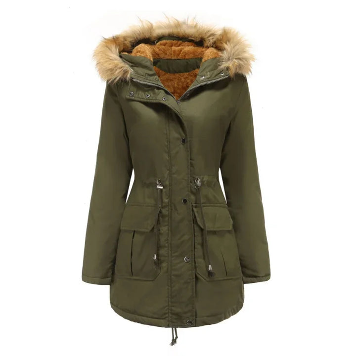 Doudoune parka femme longue et chaude, imperméable, avec col en fourrure, idéale hiver.
