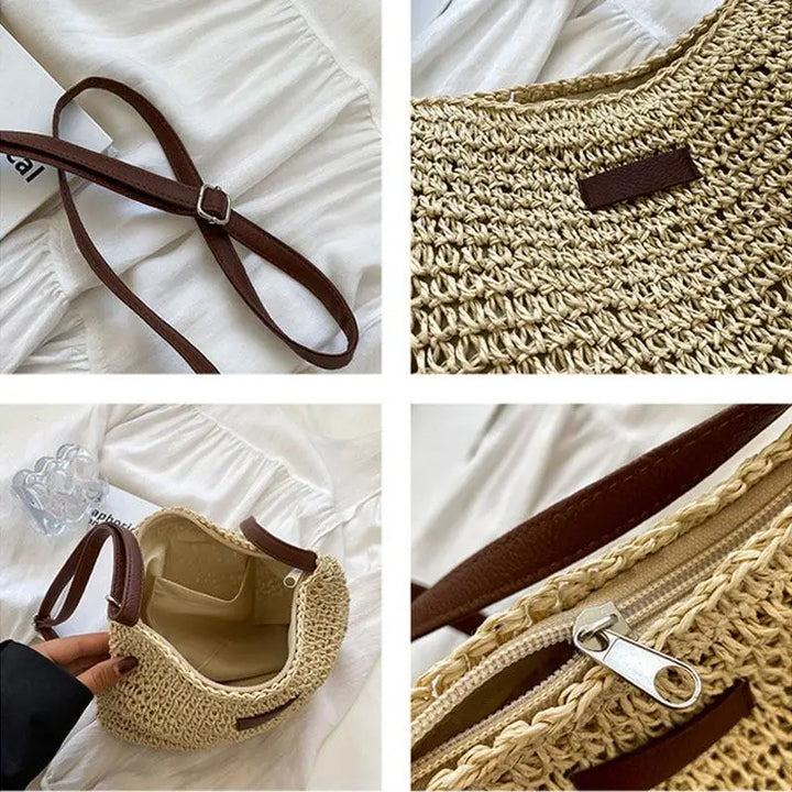Sac bandoulière en paille crème pour femme, accessoire élégant pour l'été, la plage et les vacances.