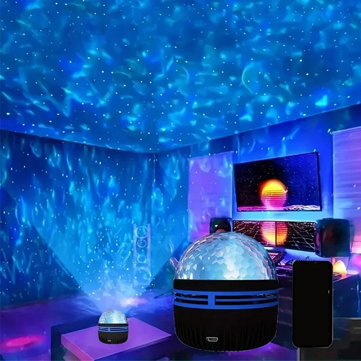 Projecteur Aurore Boréale Polariva créant une ambiance magique au plafond et murs de la chambre.