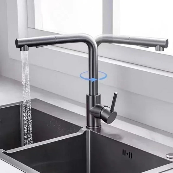 Robinet de cuisine moderne noir, mitigeur pivotant avec douchette extractible pour un confort optimal.