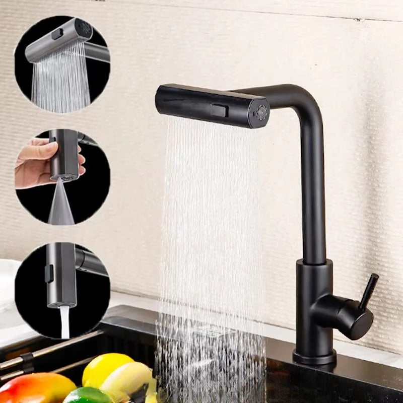 Robinet de cuisine noir mat design, mitigeur moderne avec douchette extractible et jet flexible.